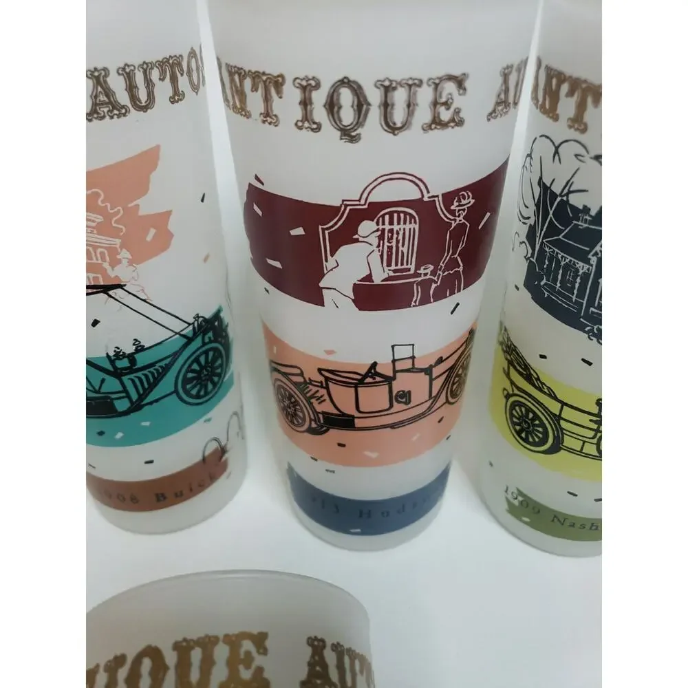 LOT OF 11 Autos cars Frosted Glasses Tumblers Vintage Highball MCM 60s Packard